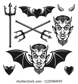 Devil set of black vector objects and design elements for your custom emblems or t shirt prints isolated on white background