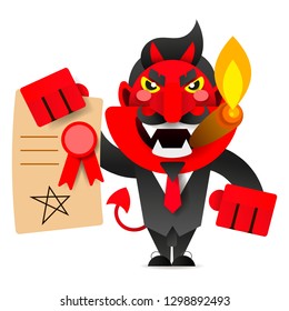 Devil showing the contract for your signature. Vector illustration