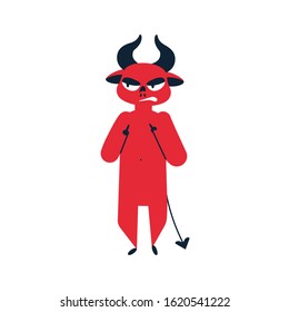 Devil showing middle finger flat vector illustration. Little red demon with bad manners cartoon color character. Offensive and aggressive gesture expression isolated on white background.