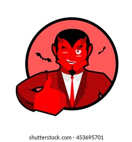 Devil shows well. Sign all right. Thumbs up. Hand showing ok. Gesture of arm. Funny demon. Heck with horns. Crafty Satan. Beelzebub Prince darkness and underworld. Lucifer Boss. Diablo Lord of Hell