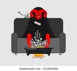 Devil sick sitting in armchair wrapped in blanket. Sinners in pelvis. Satan illness sneezing. Unhappy Daemon having flu sitting on sofa. vector illustration