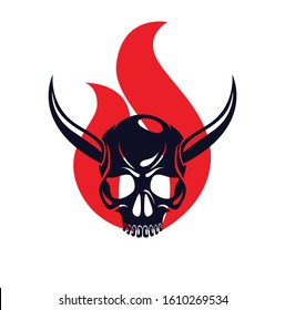 Devil sign horned skull in flames vector illustration classic style tattoo, dead scull with animal horns on fire.