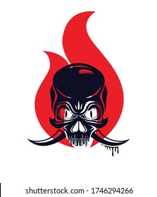 Devil sign horned skull in flames vector illustration classic style tattoo, dead scull with animal horns on fire.