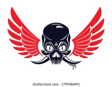 Devil sign horned skull vector illustration classic style tattoo, dead scull with animal horns wings and snake.