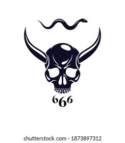 Devil sign horned skull vector illustration classic style tattoo, dead scull with animal horns.