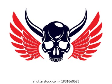 Devil sign horned skull vector illustration classic style tattoo, dead scull with animal horns wings and snake.