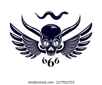 Devil sign horned skull vector illustration classic style tattoo, dead scull with animal horns wings and snake.