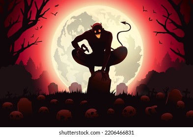 Devil sitting on Gravestone in the graveyard with many skulls. the red evil spirit from the hell in the cemetery is full of skeletons and cadavers. Silhouette Full moon.