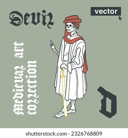 Devil skeleton medieval illustration. Character in hat with sword. Engraving art with blackletter calligraphy. Vector for Halloween invitations, gothic labels, witchcraft potions packaging.