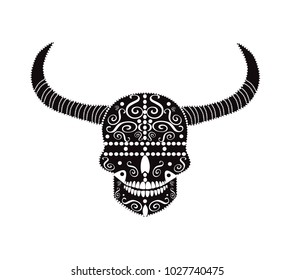 Devil skull with Aries horns, ornament symbol icon background 