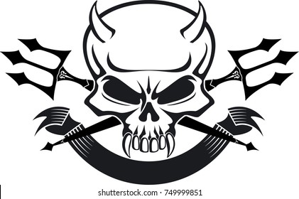 Devil Skull With Crossed Pitch Forks And Banner