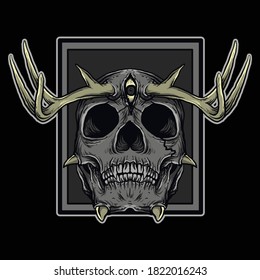 Devil Skull With Deer Horns Artwork Illustration And T-shirt Design, Premium Vector