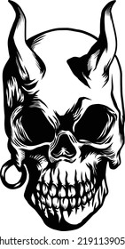 Devil skull with ear ring and red horns black and white