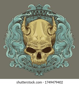 devil skull engraving and heraldry badge for shirt design
