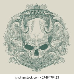 devil skull engraving outline and heraldry badge background
