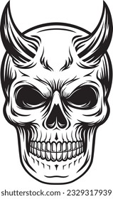 devil skull head have horns black and white illustration