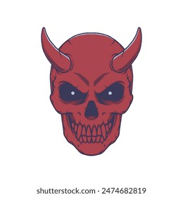 Devil skull head illustration. Red devil logo emblem vector. Isolated on white background.