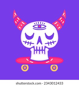 Devil skull head on skateboard, illustration for t-shirt, sticker, or apparel merchandise. With doodle, retro, groovy, and cartoon style.