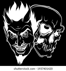 Devil and skull head silhouette in black background vector illustration design