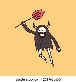 Devil skull holding trident with fire, illustration for t-shirt, sticker, or apparel merchandise. With retro cartoon style.