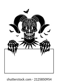 Devil skull with horns and bats, holding blank paper, ornament details, isolated on the white background