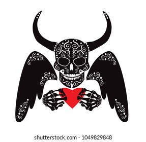 Devil skull icon with wings and heart 