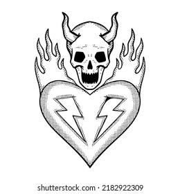 Devil skull love fire doodle illustration hand drawn vector