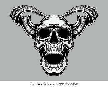 Devil skull. Vector illustration in engraving technique of human skull with twisted horns.