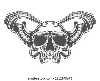 Devil skull. Vector illustration in engraving technique of human skull with twisted horns.