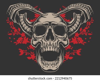 Devil skull. Vector illustration in engraving technique of human skull with twisted horns on floral silhouette background.