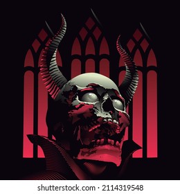 Imagen vectorial del cráneo del diablo, cara del demonio sobre fondo de la iglesia