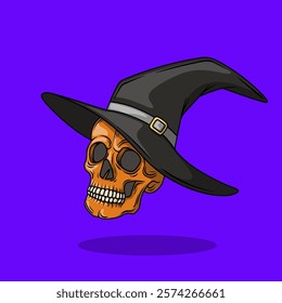 Devil skull wearing black witch hat