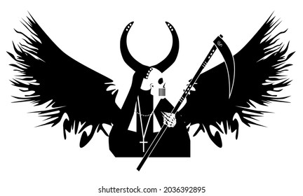 Devil skull with wings and horns, black and white vector illustration 
