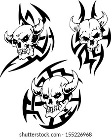 Devil Skulls. Set of black and white vector illustrations.