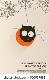 Devil spider poster card design ready, Invitation to Helluin, Halloween. Vector graphics. Sleek design.