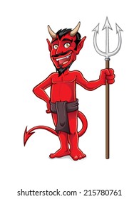 devil is standing and holding a pitchfork with a smile and hands on hips