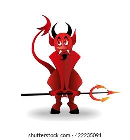 devil is standing and holding a pitchfork with a smile and hands on hips