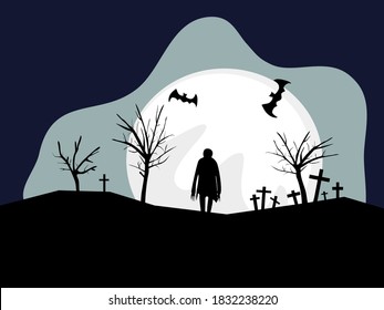 The devil stood among the cemetery.  And dead trees, There are bats flying on top of the full moon.black and white drawing of Halloween day, vector flat illustration.
