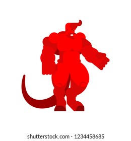 Devil strong. Red demon big. Horned Satan. Angry Asmodeus vector illustration. Powerful Beelzebub lord of darkness. hard Lucifer boss hell
