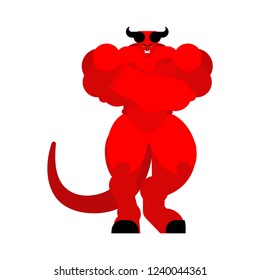 Devil strong. Red demon big. Horned Satan. Angry Asmodeus vector illustration. Powerful Beelzebub lord of darkness. hard Lucifer boss hell
