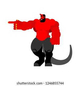 Devil strong. Red demon big. Horned Satan. Angry Asmodeus vector illustration. Powerful Beelzebub lord of darkness. hard Lucifer boss hell
