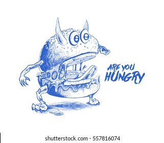 Devil style Burger, Hand Drawn Sketch Vector illustration. 