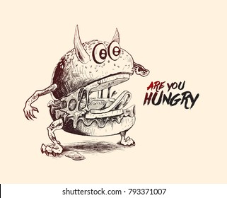 Devil Style Burger, Hand Drawn Sketch Vector illustration. 