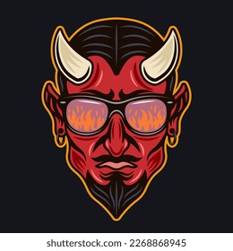 Devil in sunglasses that reflect flame. Colored illustration in cartoon style isolated on dark background