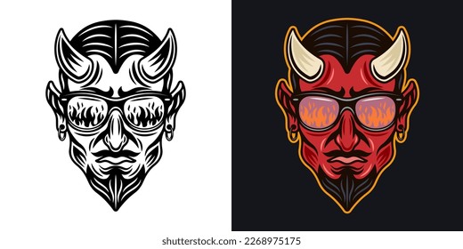 Devil in sunglasses that reflect flame. Vector illustration in two styles black on white and colorful on dark background