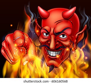 A devil surrounded by flames and fire pointing at the viewer