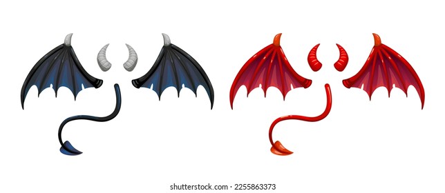 Devil tail, cuernos y alas, íconos aislados sobre fondo blanco. Elementos rojos y negros demoníacos para la decoración fotográfica. Ilustración vectorial.