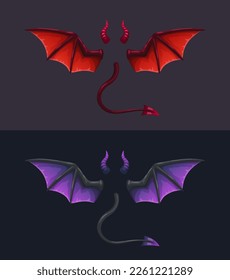 	
Devil tails, horns and wings on dark background. Demonic red and black elements for the photo decoration. Vector illustration.