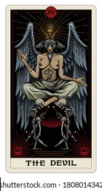 The Devil tarot card. The fifteenth trump or Major Arcana card. Colorful vector illustration in engraving technique with Baphomet and two skeletons.