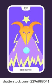 The Devil tarot cartoon flat card template major arcana. Taro vector illustration spiritual signs with esoteric magic and astrology symbols. Isolated colored graphic. Witchcraft concept EPS